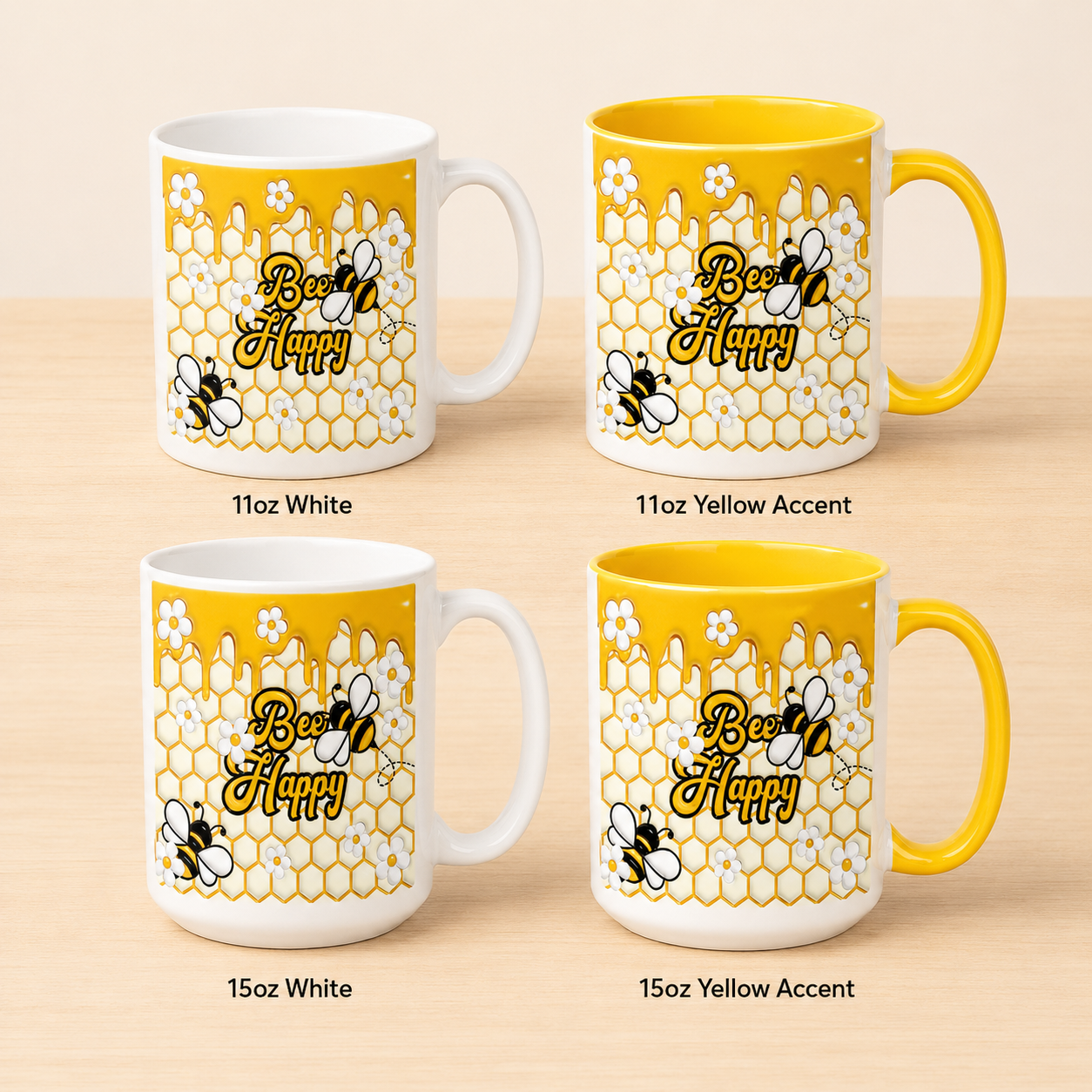 Bee Happy ceramic mug options: 11oz and 15oz in White and Yellow Accent