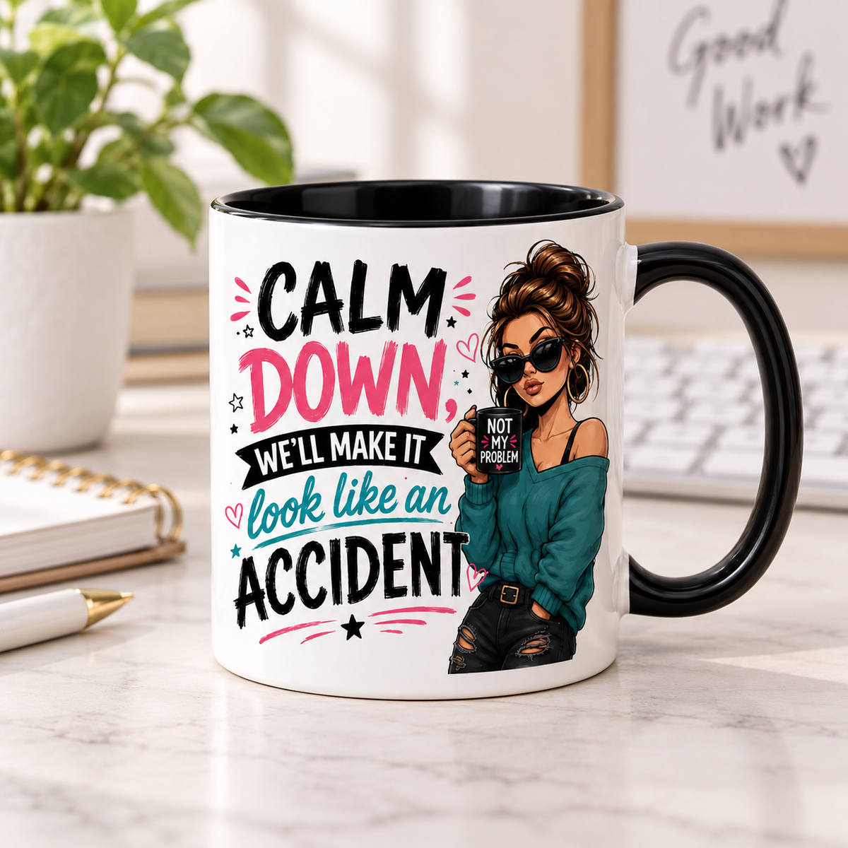 Black accent Calm Down mug on a home office desk