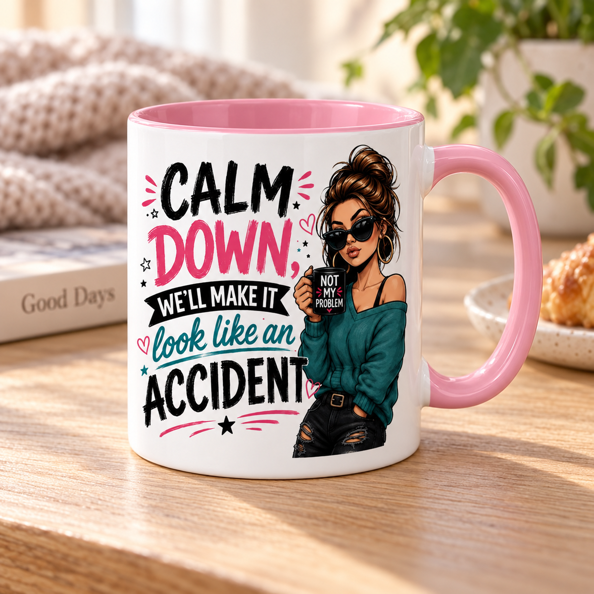 Pink accent Calm Down mug in a cozy coffee break setting