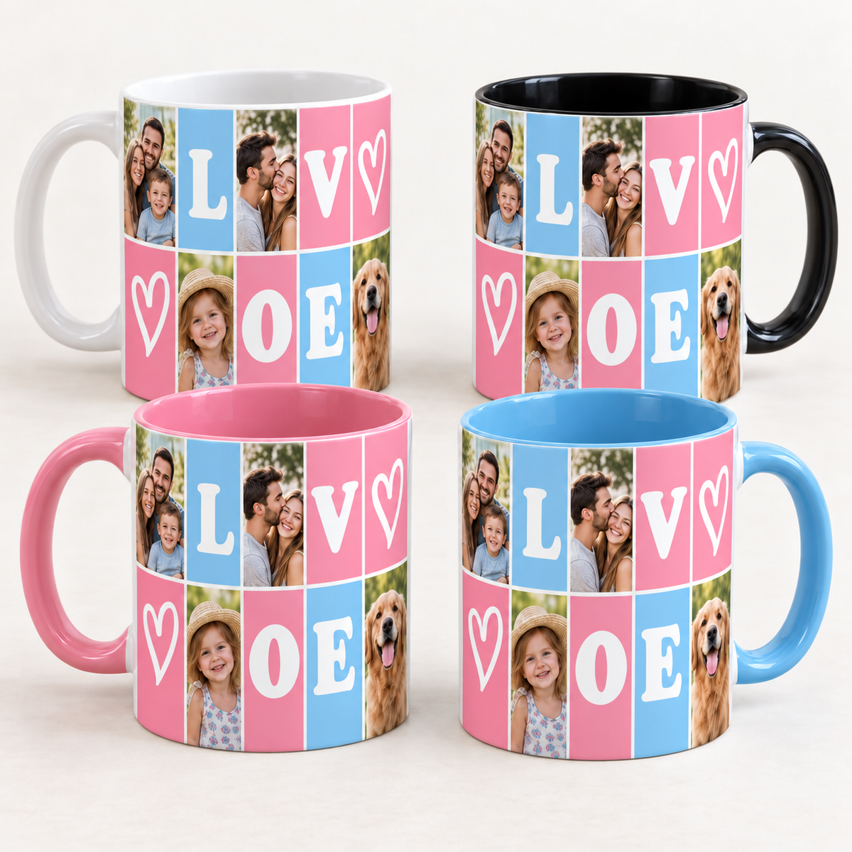 Custom 6 photo LOVE collage mug in white, black, pink and blue