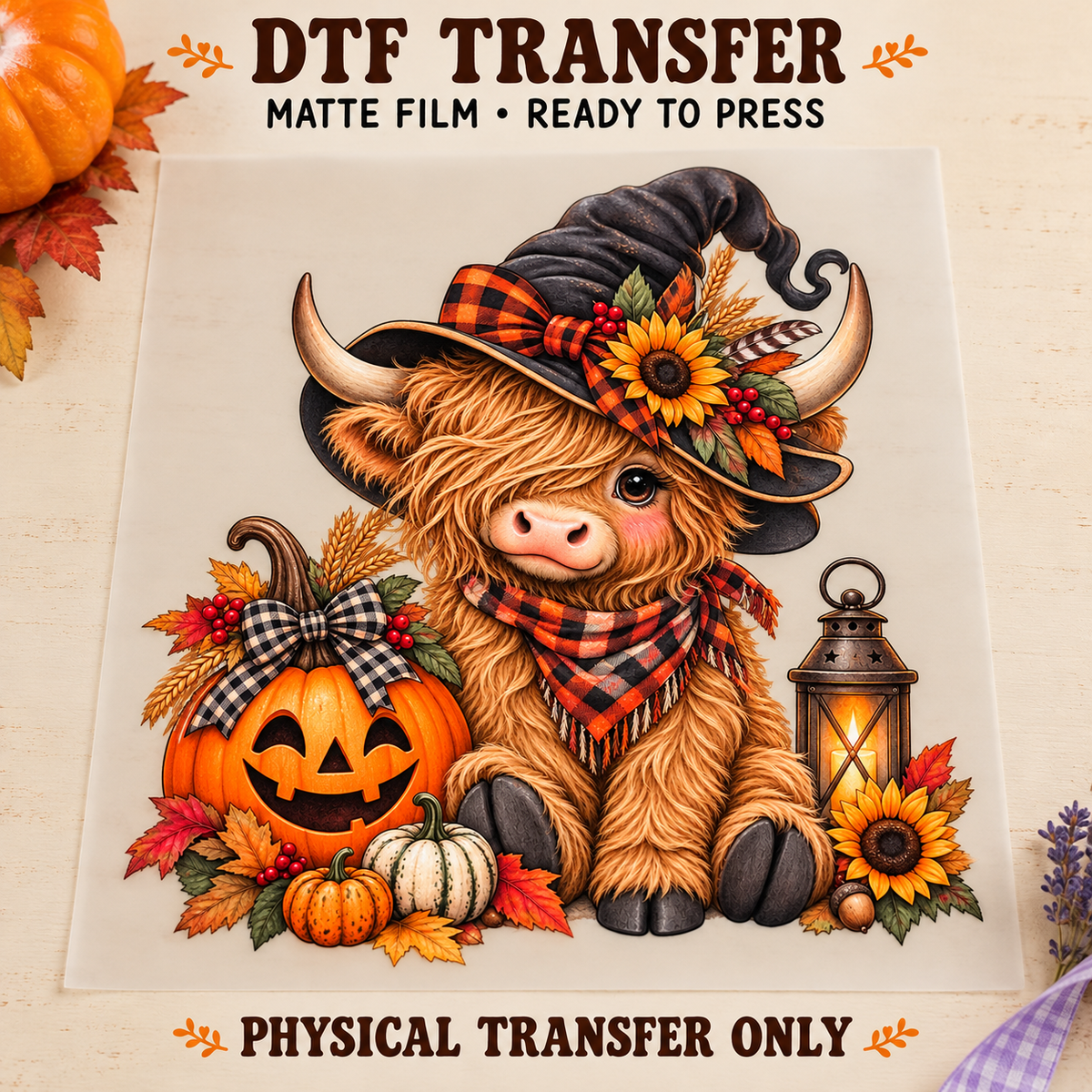 Halloween Highland Cow — Witch Hat & Pumpkin printed beneath matte DTF film
