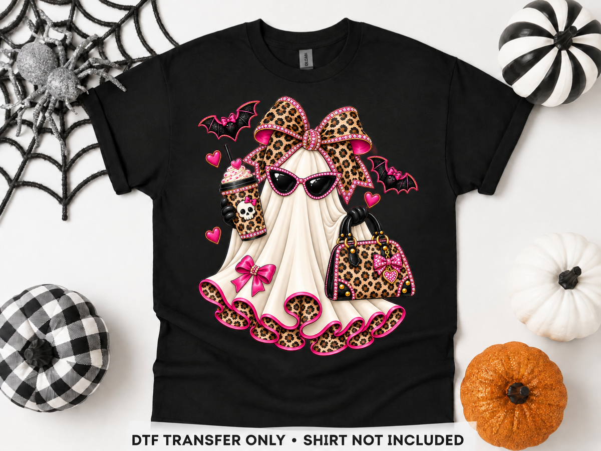 Leopard Glam Ghost — Pink Bow & Handbag transfer styling mockup — shirt not included