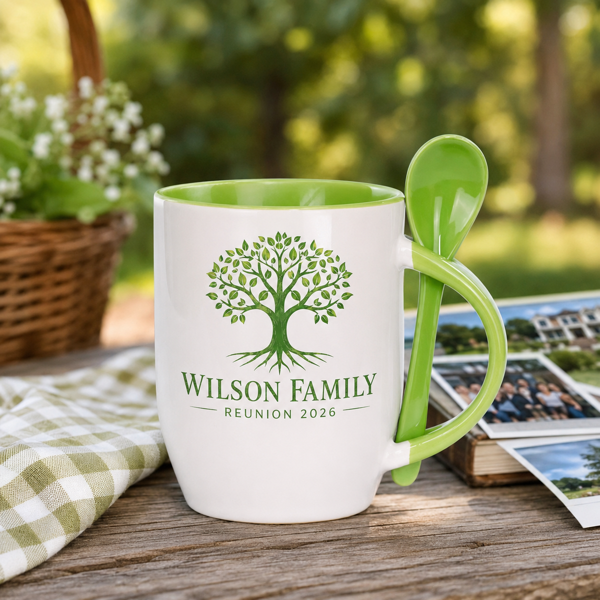 Light green ceramic spoon mug with personalized family reunion design