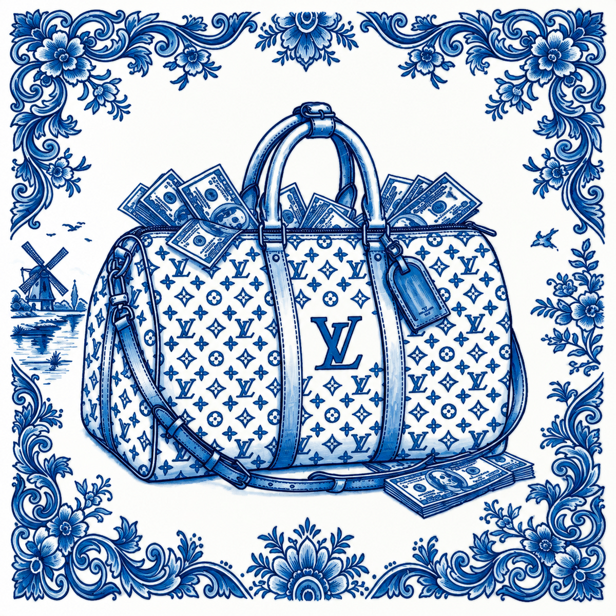 Blue and white luxury money bag artwork with cash and floral border