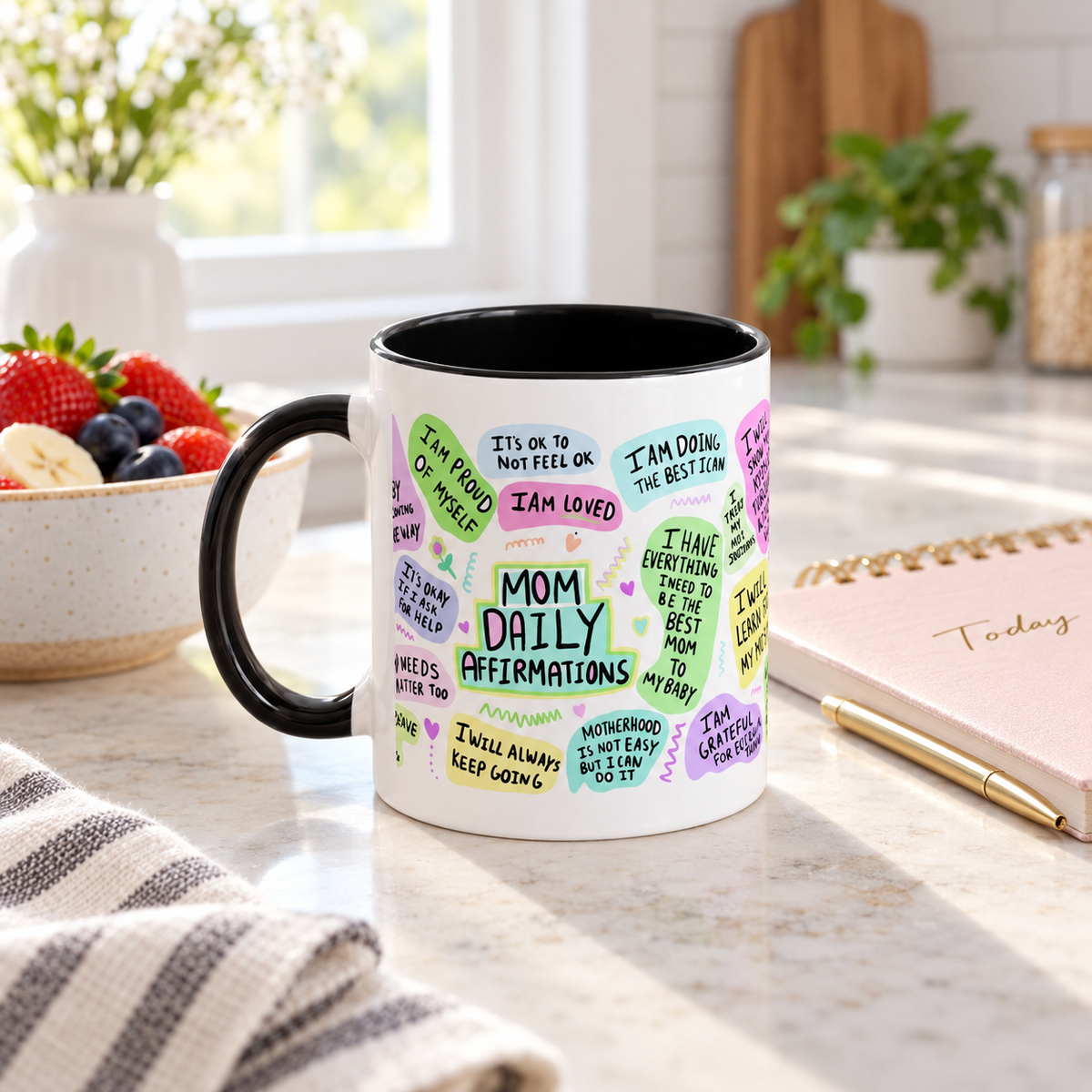 Mom Daily Affirmations mug in a bright breakfast setting