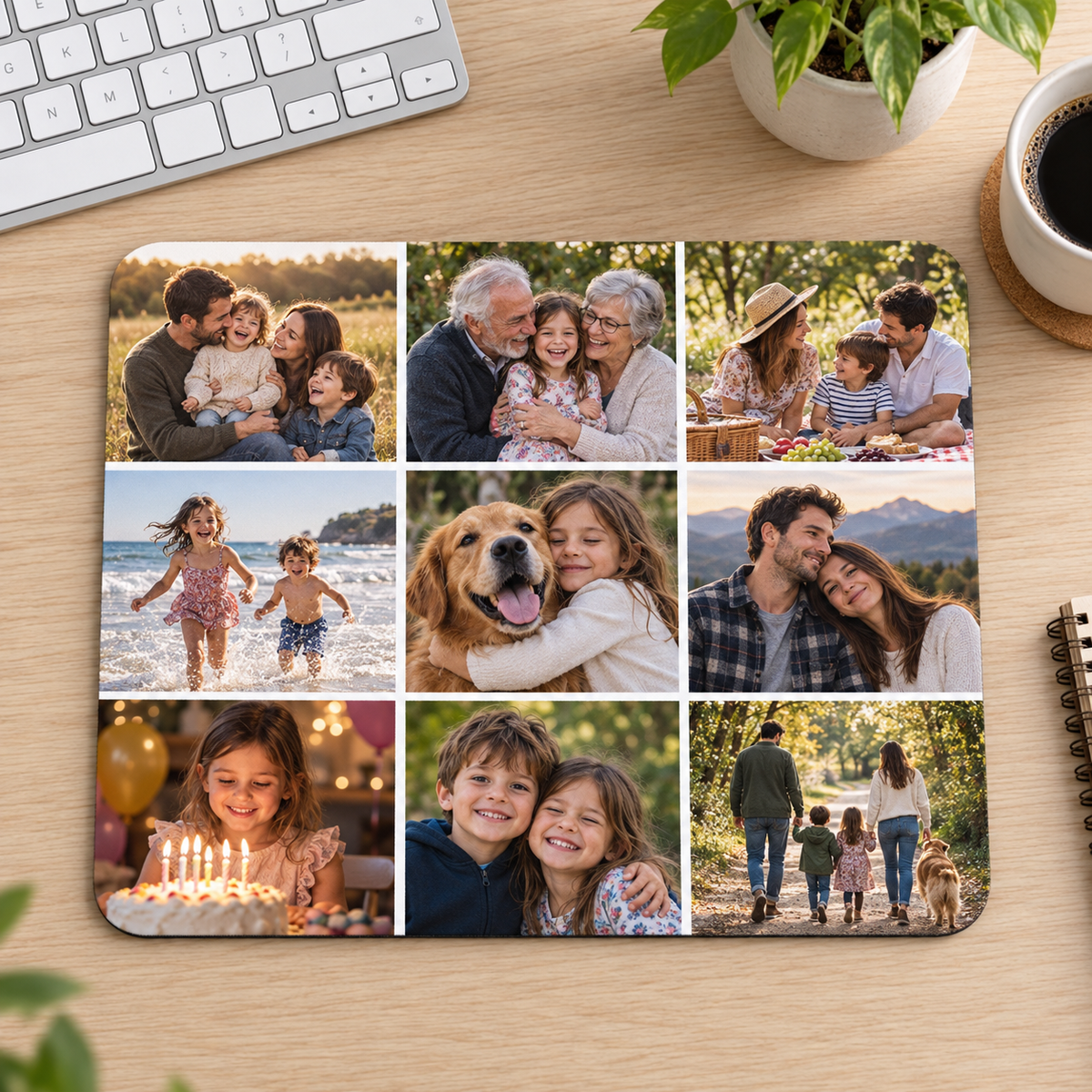 Personalized nine-photo family collage mousepad in a 3 by 3 grid