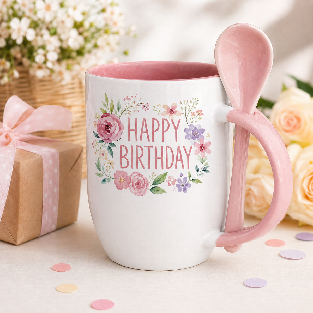 Pink 12oz ceramic spoon mug with personalized birthday design
