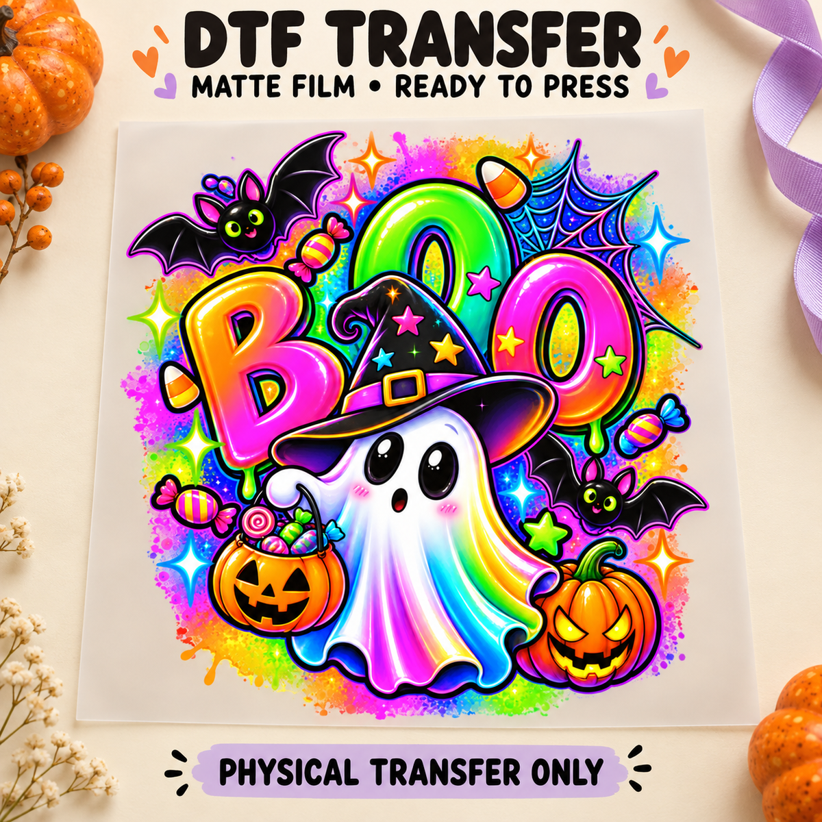 Rainbow Boo — Cute Halloween Ghost printed beneath matte DTF film