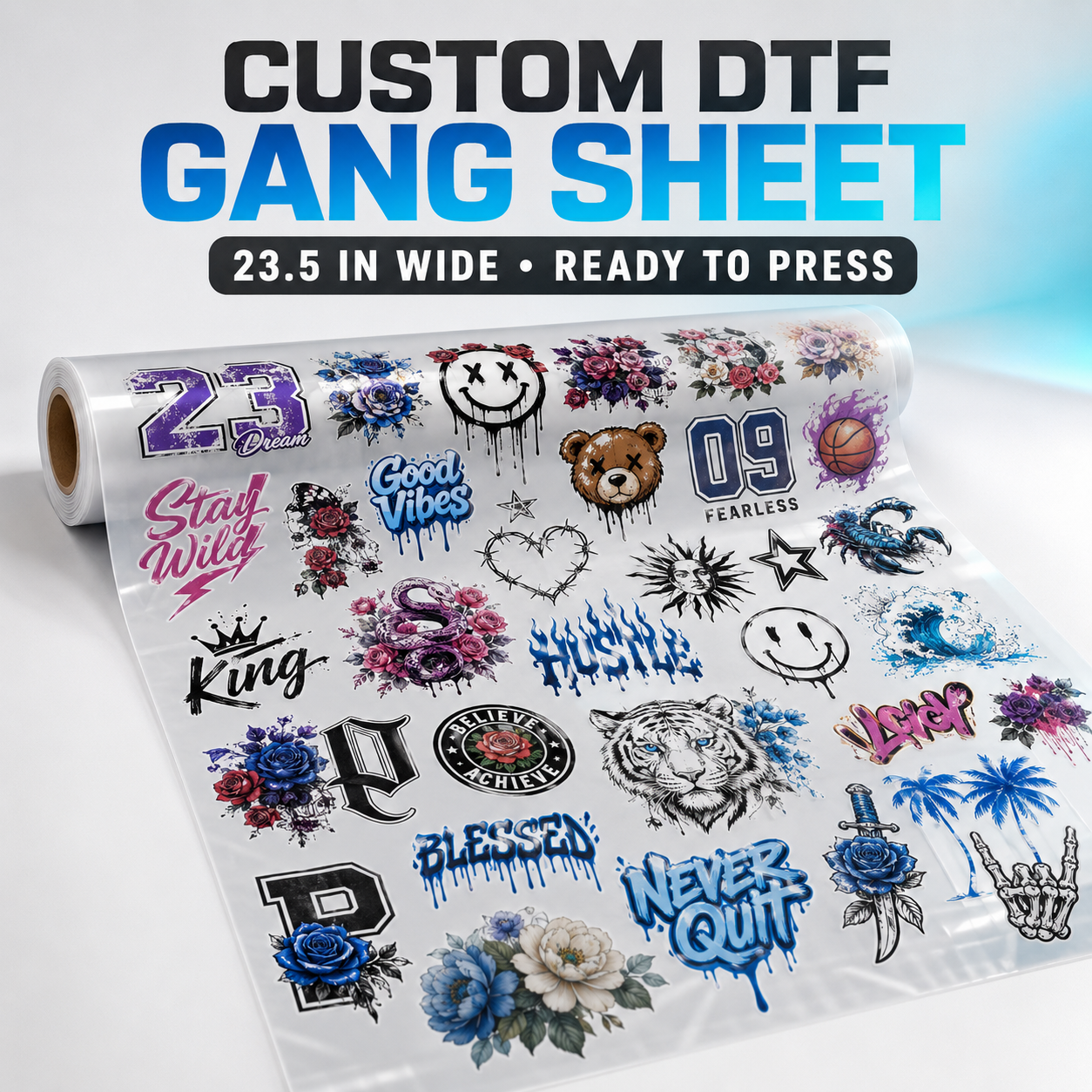Custom 23.5-inch wide DTF gang sheet transfer ready to press