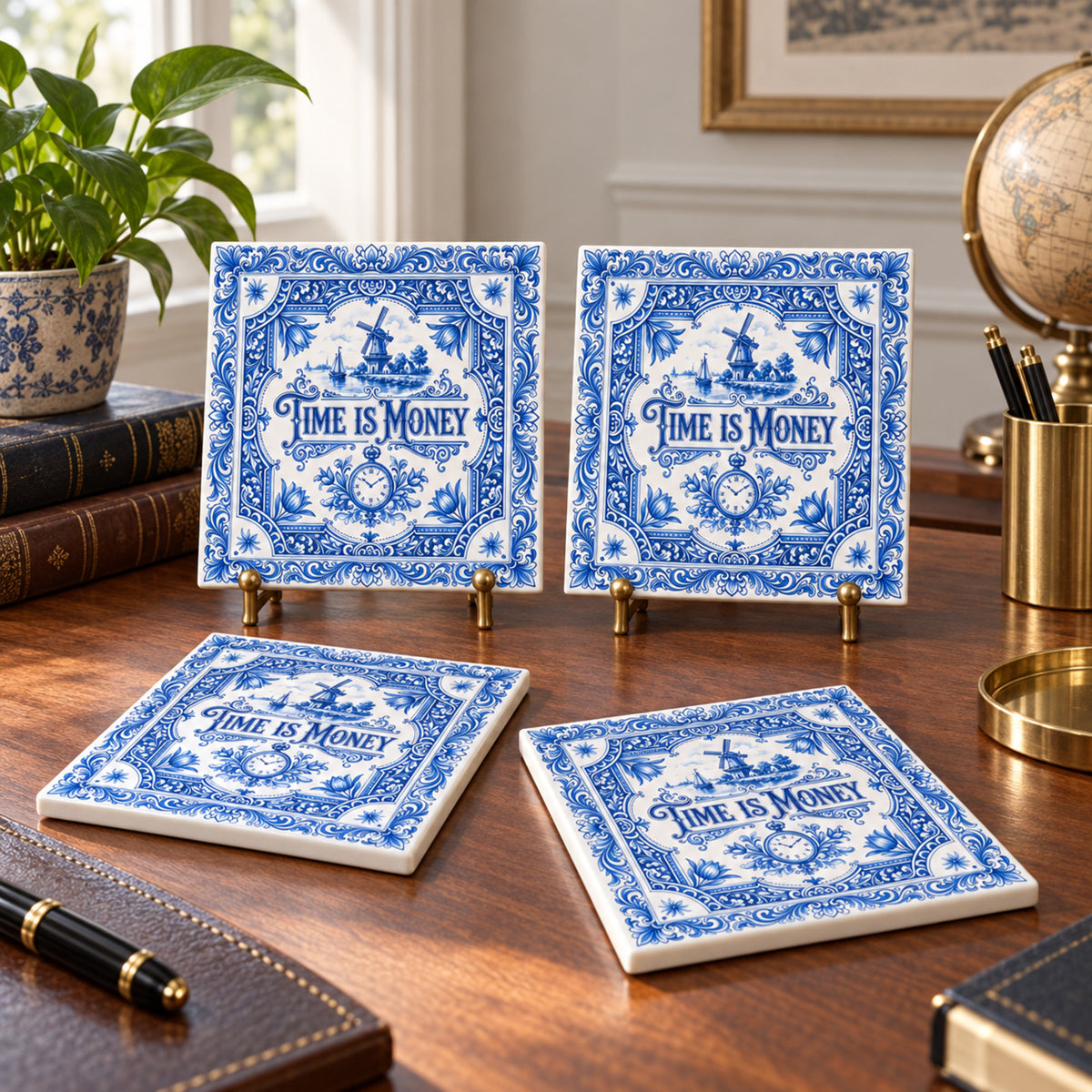 Time Is Money blue Dutch tiles in an office
