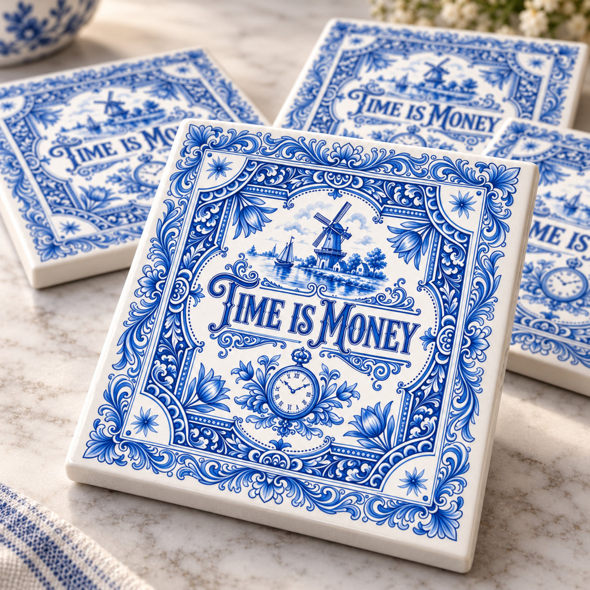 Close-up of Time Is Money ceramic tile