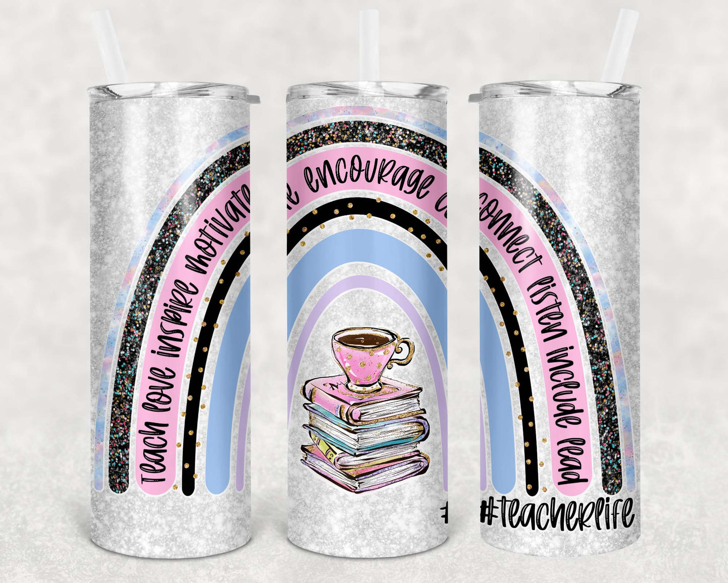 Personalized 20oz Stainless Steel Tumblers with Metal Straw & Rubber Bottom for Teachers - Teacher gifts