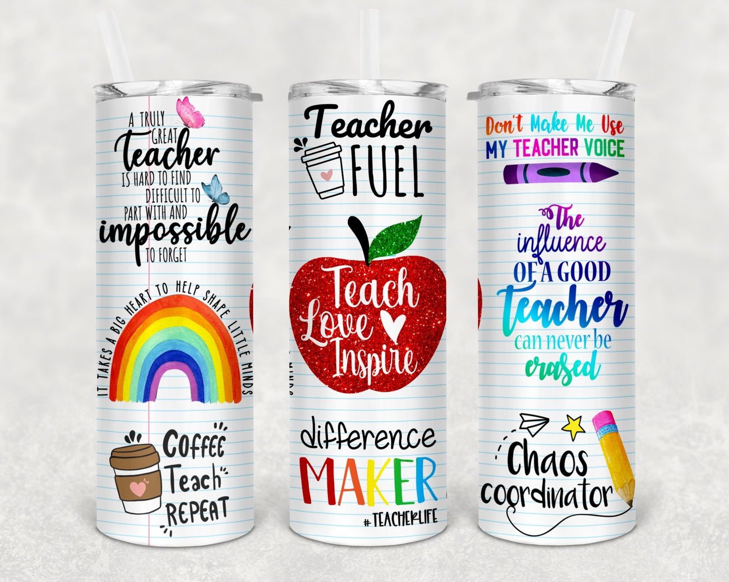 Personalized 20oz Stainless Steel Tumblers with Metal Straw & Rubber Bottom for Teachers - Teacher gifts