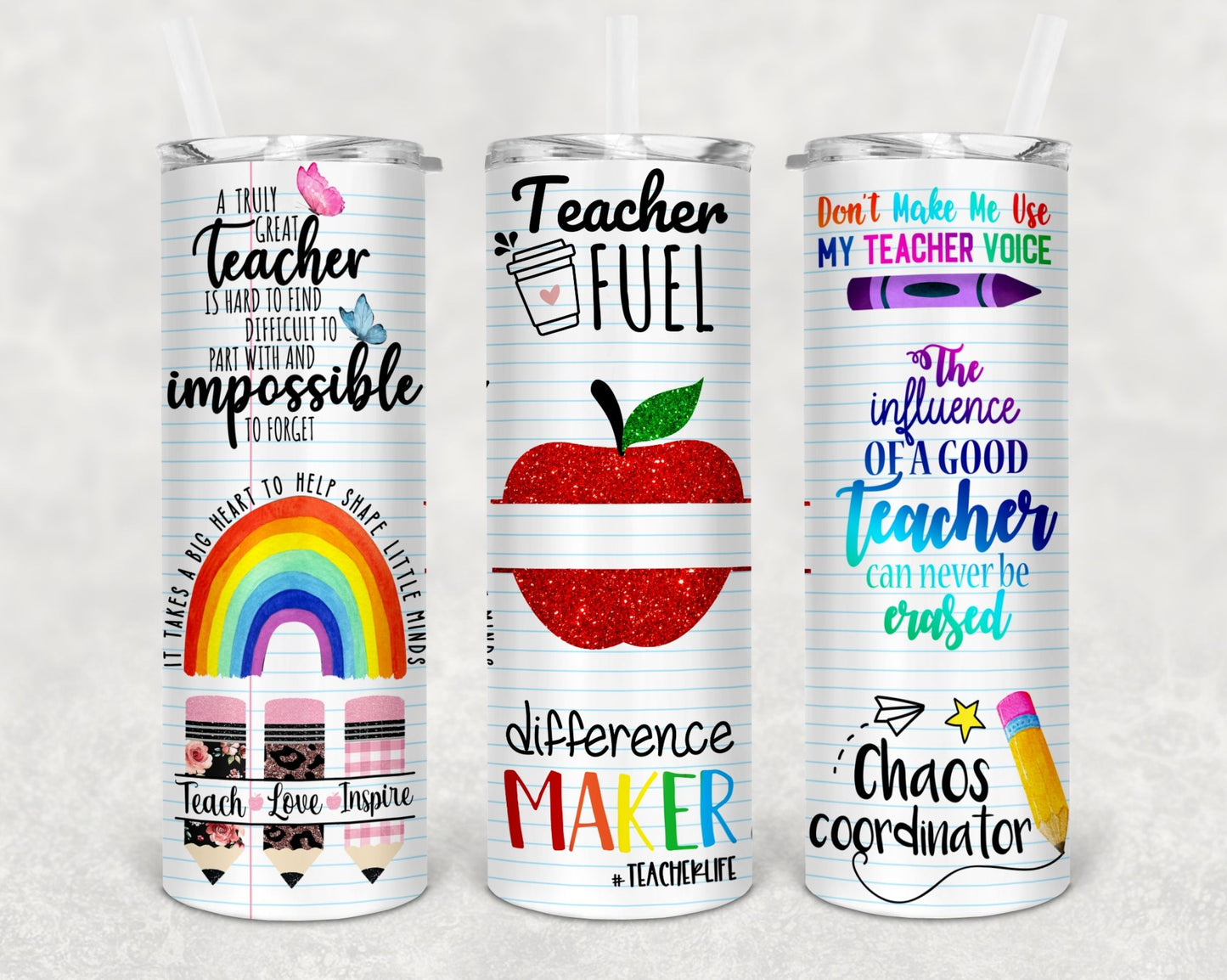 Personalized 20oz Stainless Steel Tumblers with Metal Straw & Rubber Bottom for Teachers - Teacher gifts