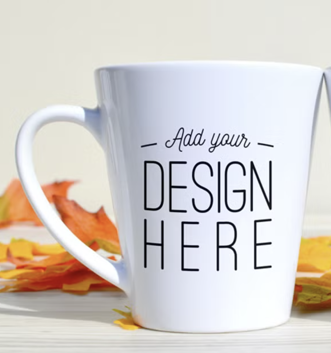 Personalized 12oz white latte custom ceramic coffee or tea mug - add your own photos or logos and text