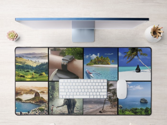 Custom 8 picture collage XXL desk mat neoprene bottom and fabric top - add your own pictures - 16x35in