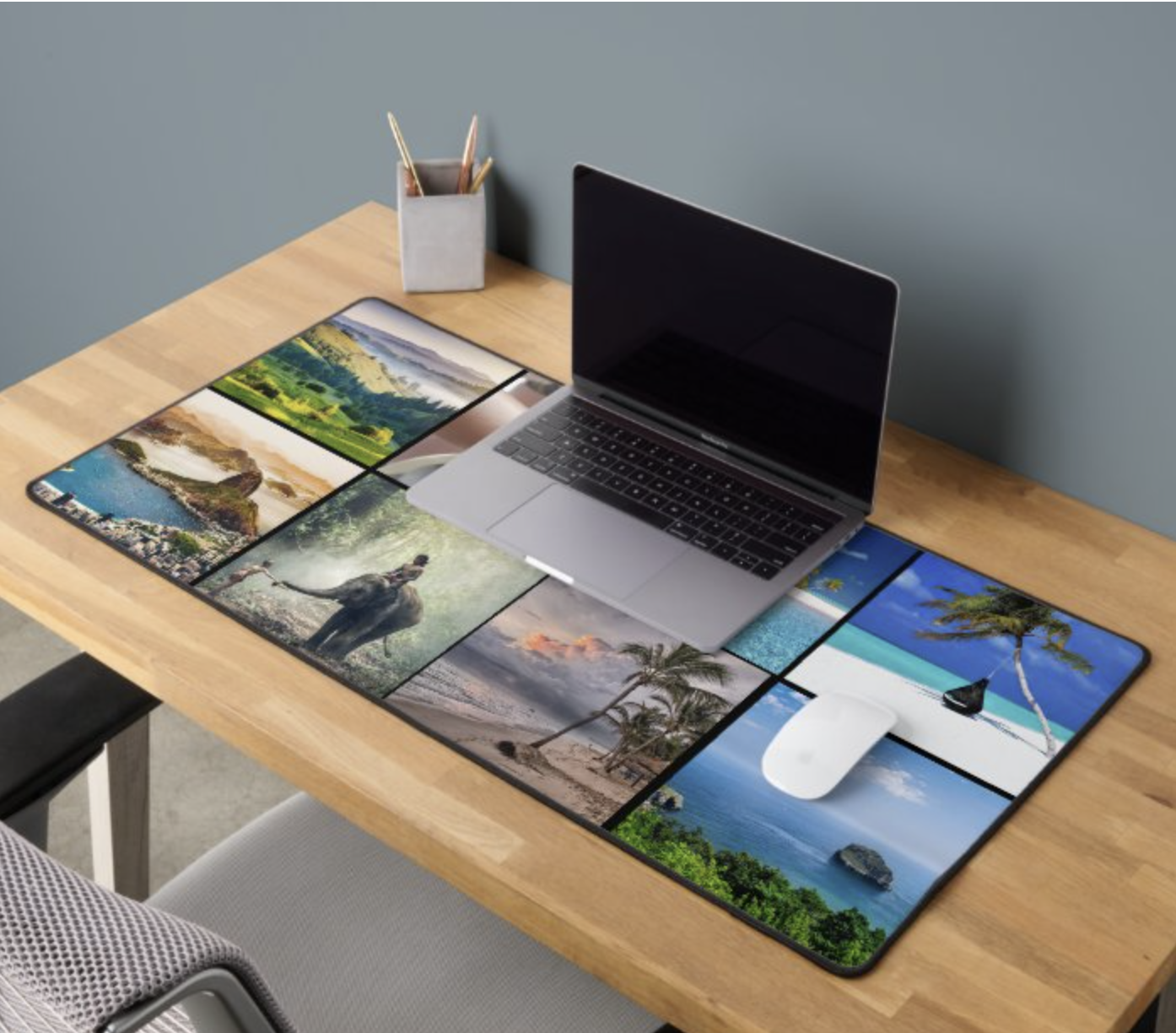 Custom 8 picture collage XXL desk mat neoprene bottom and fabric top - add your own pictures - 16x35in