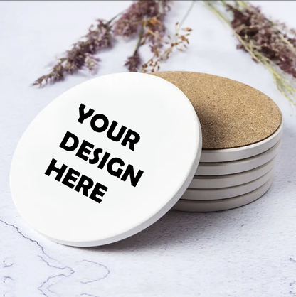 4 pack - Personalized 4 in ceramic coasters with cork backing - 3 shapes - full color print - add your own logo, picture, text or artwork