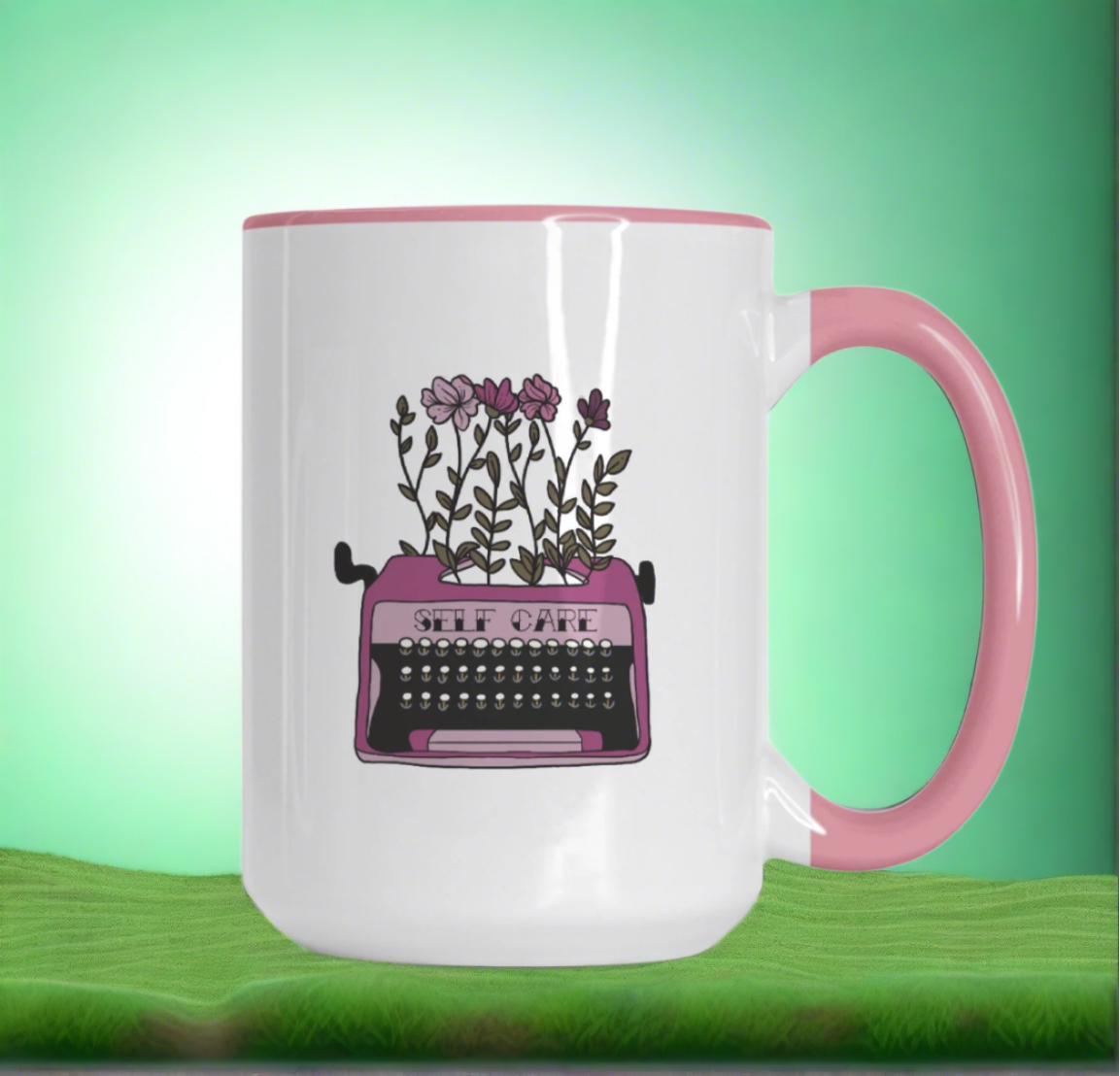 15oz Personalized ceramic coffee or tea mug with colored inner and handle Pink - add your design - full color up to full wrap