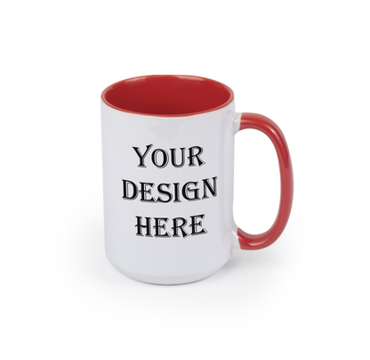 15oz Personalized ceramic coffee or tea mug with colored inner and handle Red - add your design - full color up to full wrap