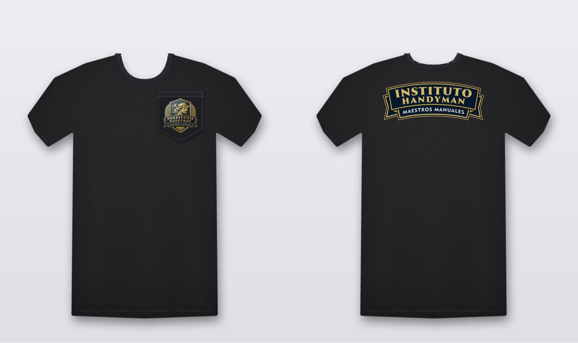 Black t-shirt front pocket logo and large back Instituto Handyman print
