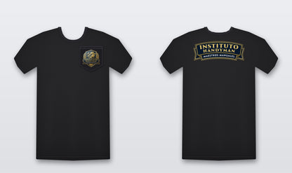 Black t-shirt front pocket logo and large back Instituto Handyman print