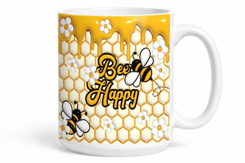Bee Happy 15oz white ceramic mug with honeycomb bee and floral design