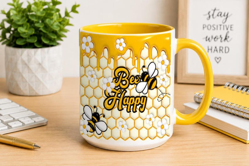 Bee Happy 15oz ceramic coffee mug with yellow interior and handle