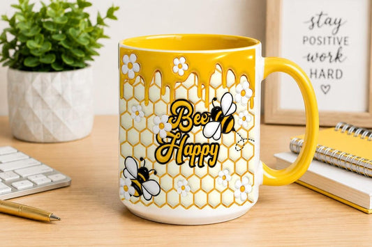 Bee Happy 15oz ceramic coffee mug with yellow interior and handle