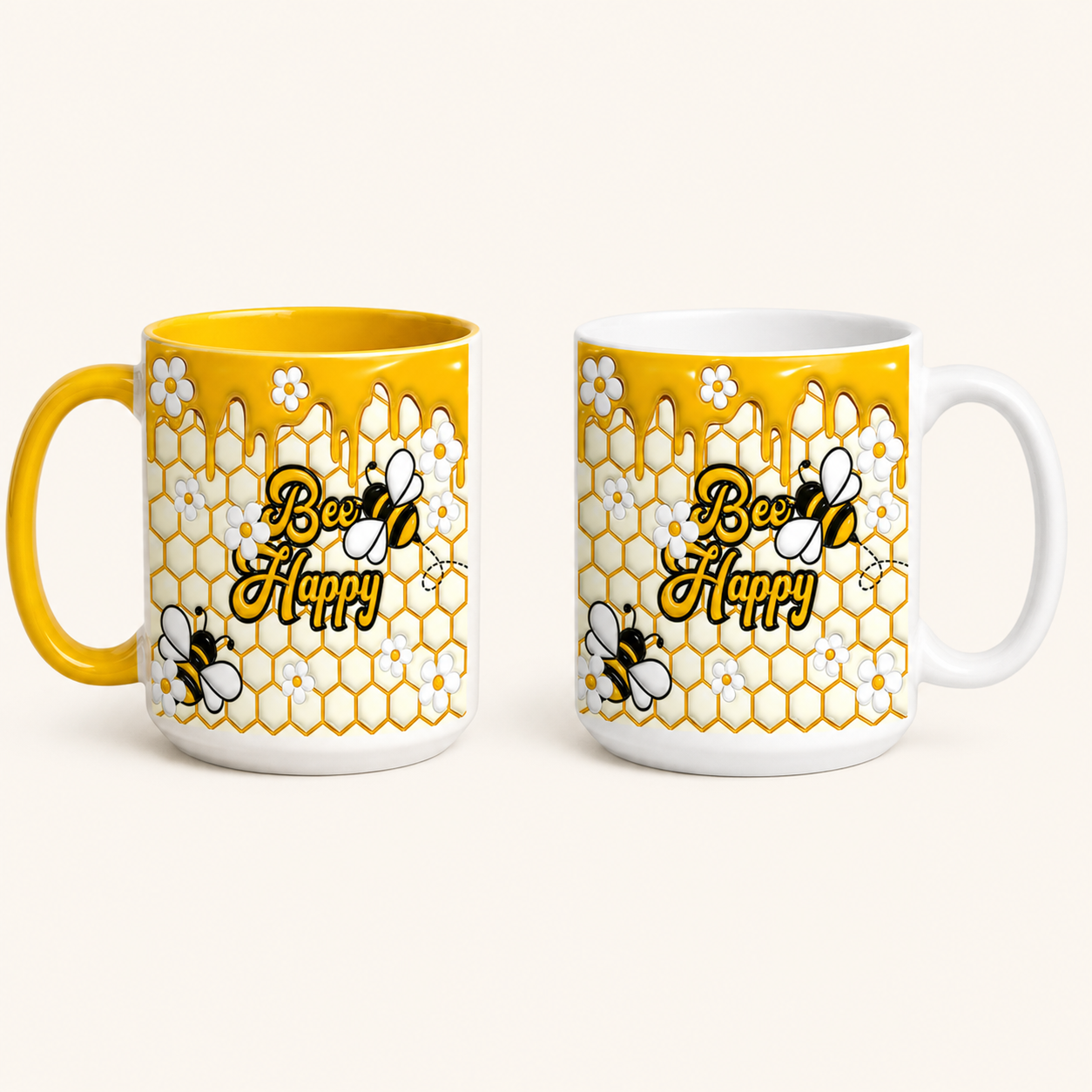 Bee Happy 15oz mug shown in yellow accent and white color options