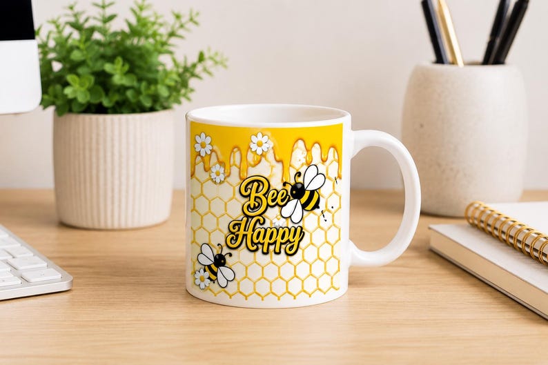 Bee Happy white mug with cheerful bee and honeycomb design