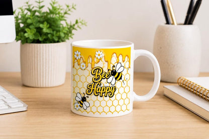 Bee Happy white mug with cheerful bee and honeycomb design
