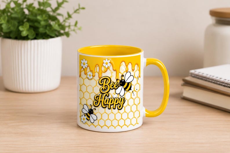 Bee Happy yellow accent mug with bumble bee honeycomb and floral artwork