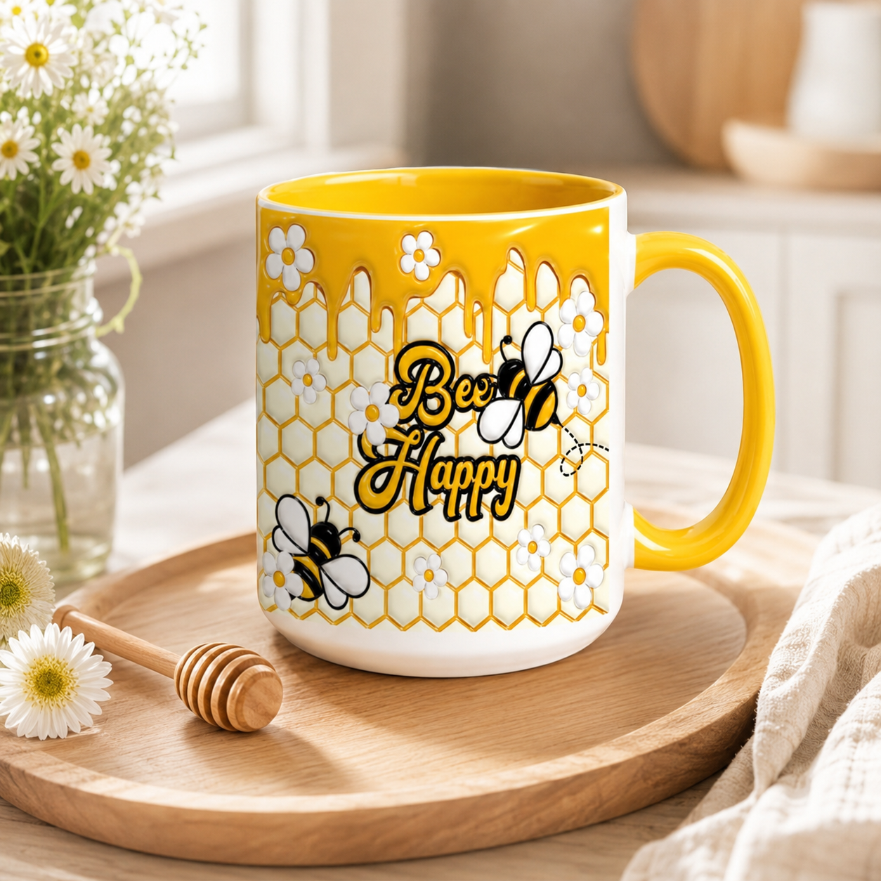 Bee Happy 15oz yellow accent mug with daisies and honey dipper