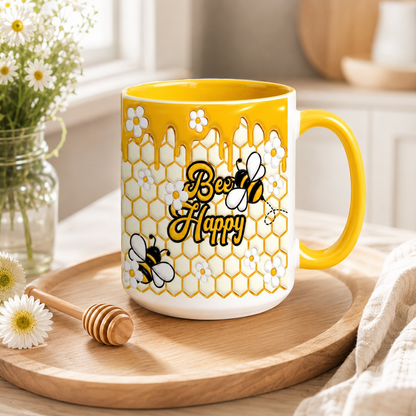 Bee Happy 15oz yellow accent mug with daisies and honey dipper