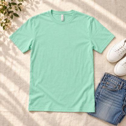 Mint BELLA+CANVAS 3001 blank tee styled flat lay with jeans and sneakers