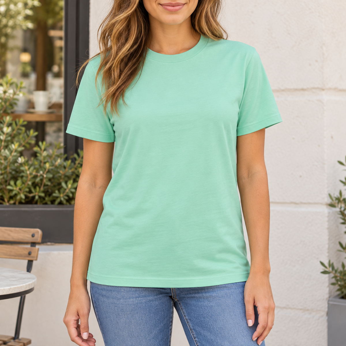 Lifestyle mockup of mint BELLA+CANVAS 3001 blank tee