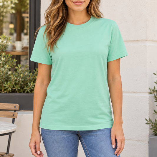Lifestyle mockup of mint BELLA+CANVAS 3001 blank tee