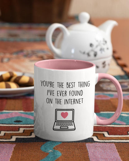 Funny romantic internet quote mug with pink accent