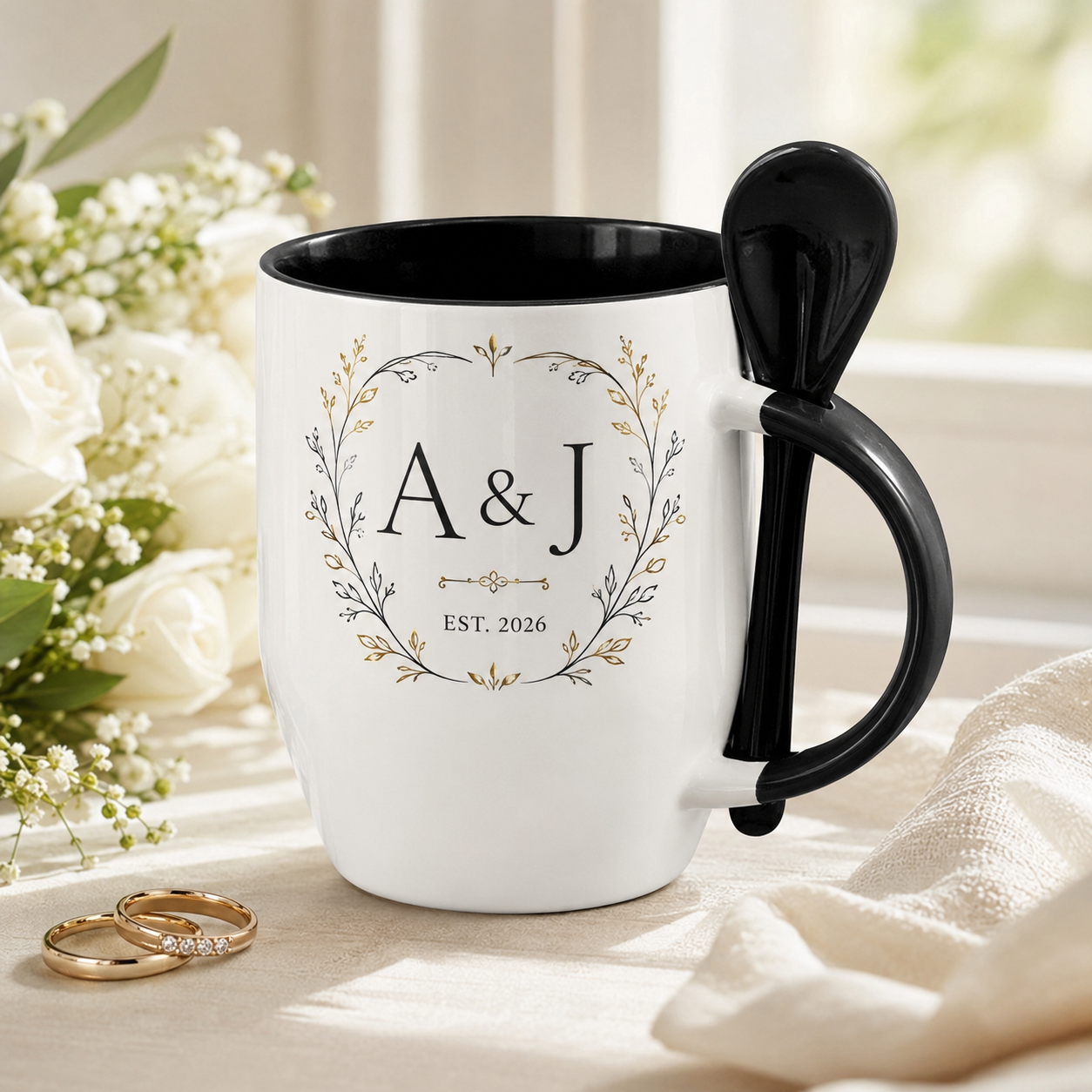 Black ceramic spoon mug with personalized wedding monogram in a lifestyle scene