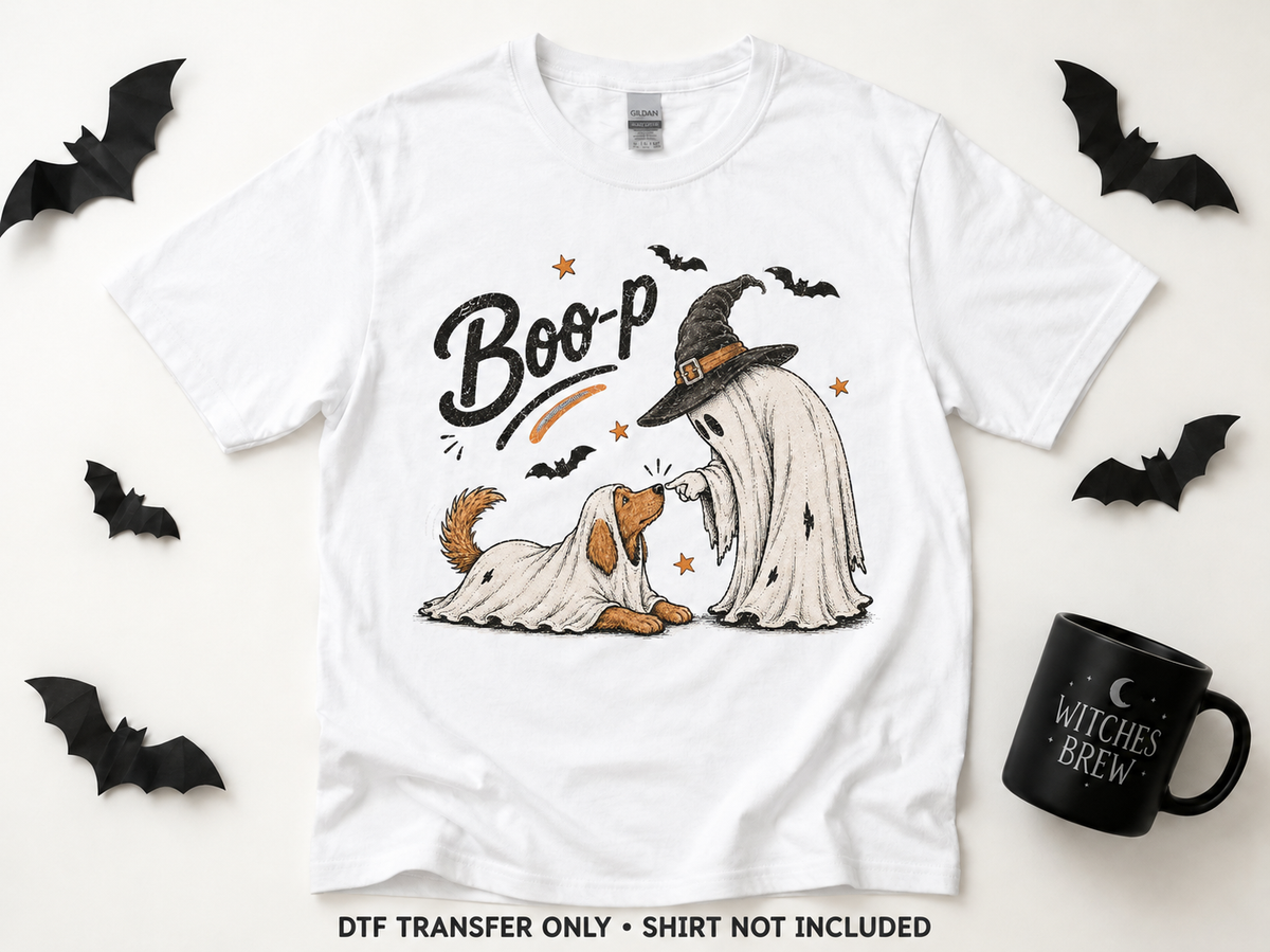 Boo-p — Ghost & Dog transfer styling mockup — shirt not included