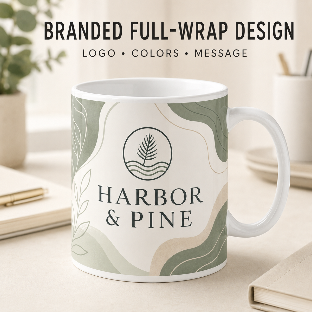 Personalized 11oz ceramic mug with a branded full-wrap business design