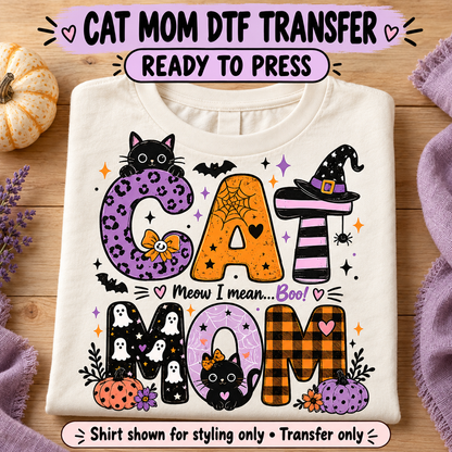 Cat Mom Halloween shirt styling mockup; transfer only, shirt not included