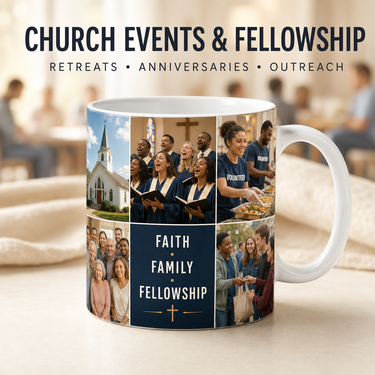 Personalized 11oz ceramic mug with edge-to-edge church event and fellowship photo wrap