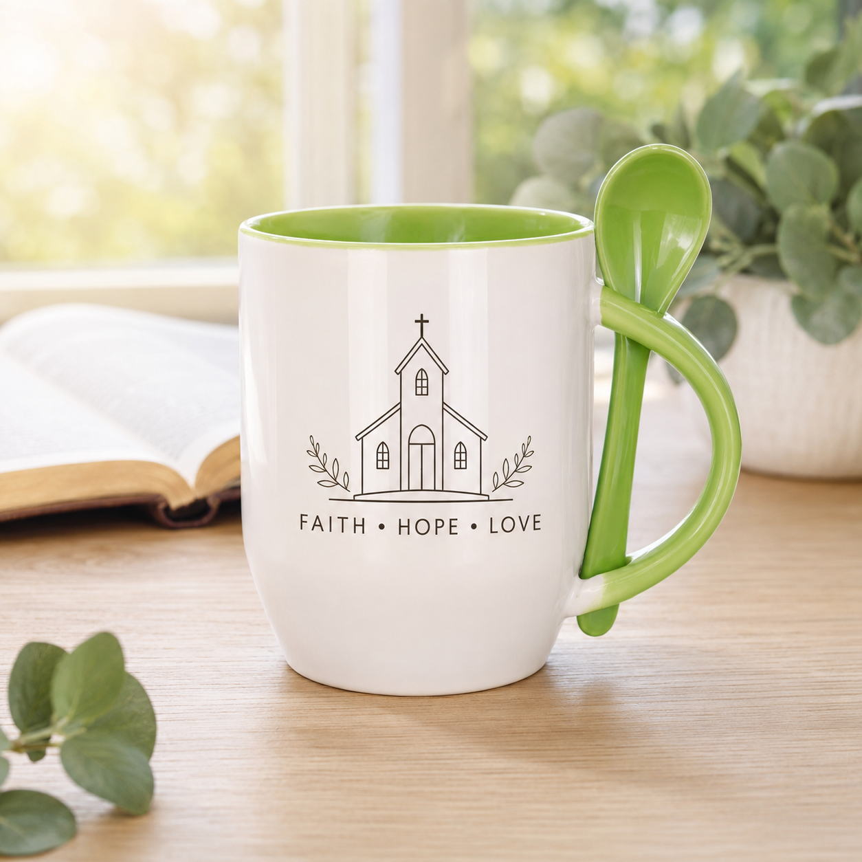 Light green ceramic spoon mug with custom church design