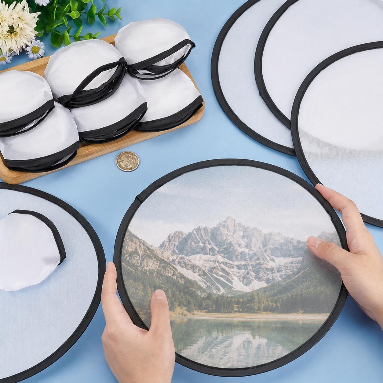 Open and folded custom disc hand fans with storage pouches