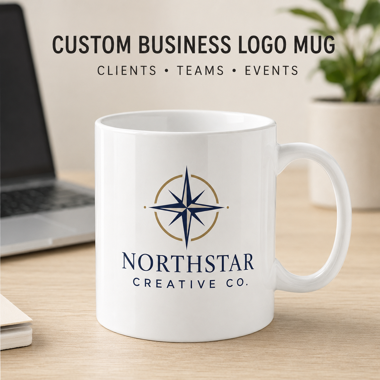 Custom 11oz ceramic mug printed with a business logo for clients, teams, and events