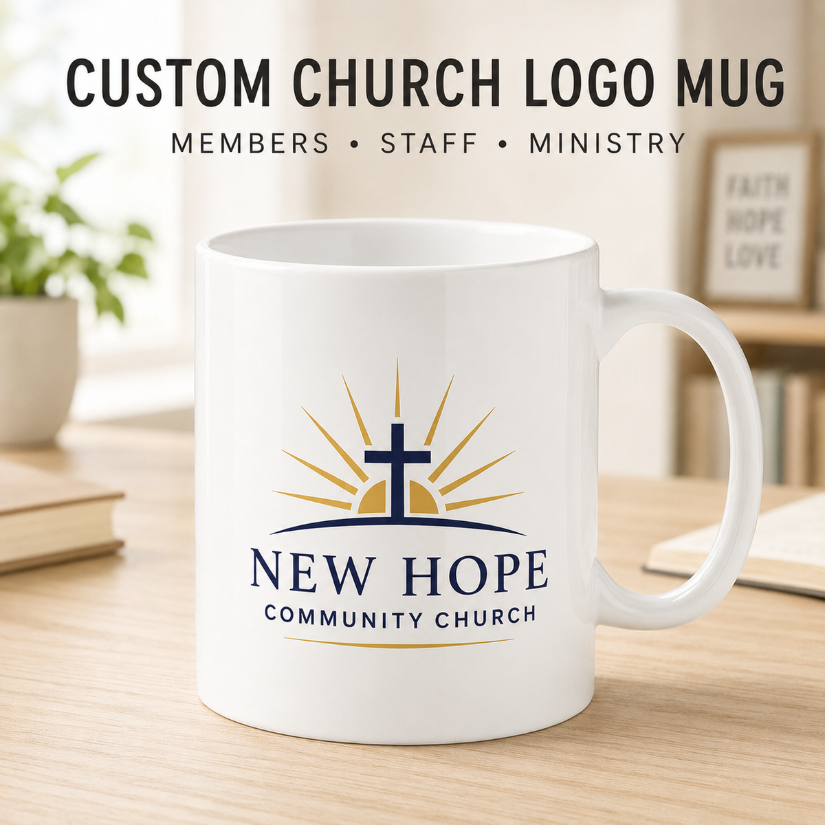 Custom 11oz ceramic church logo mug for members, staff, and ministry events