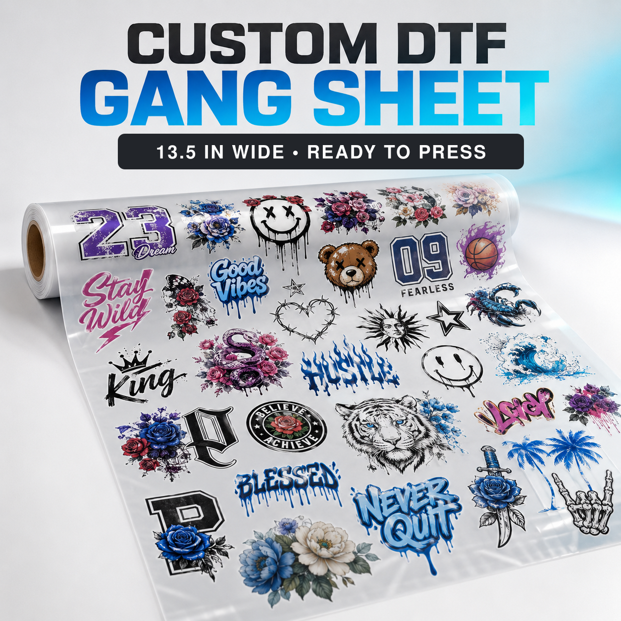 Custom 13.5-inch wide DTF gang sheet transfer ready to press