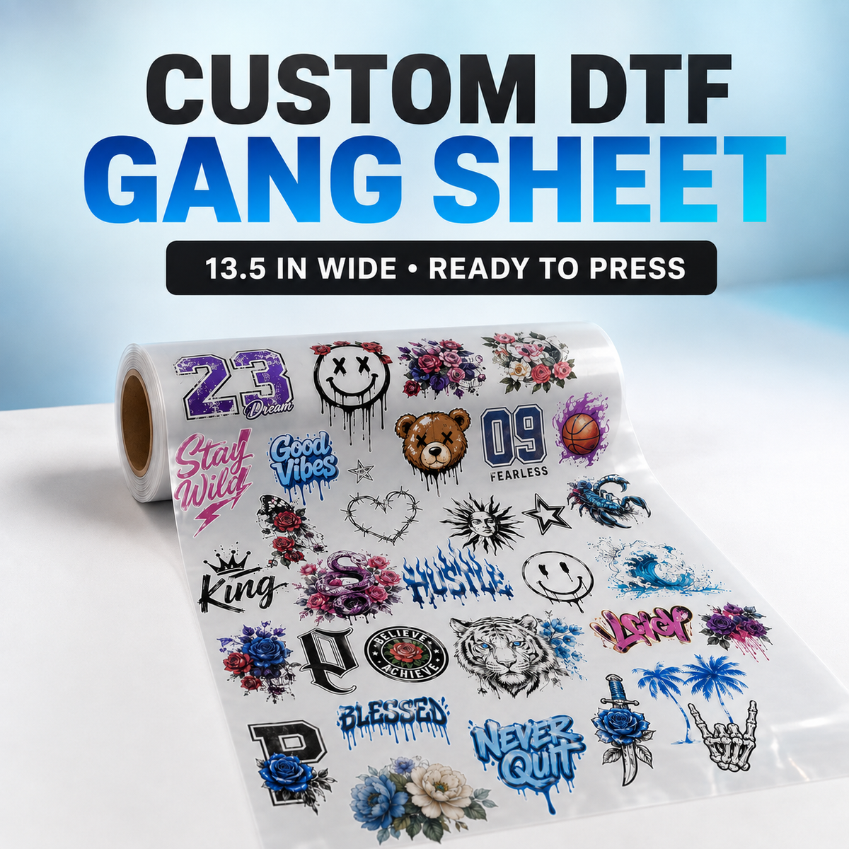 Custom 13.5-inch wide DTF gang sheet transfer roll ready to press
